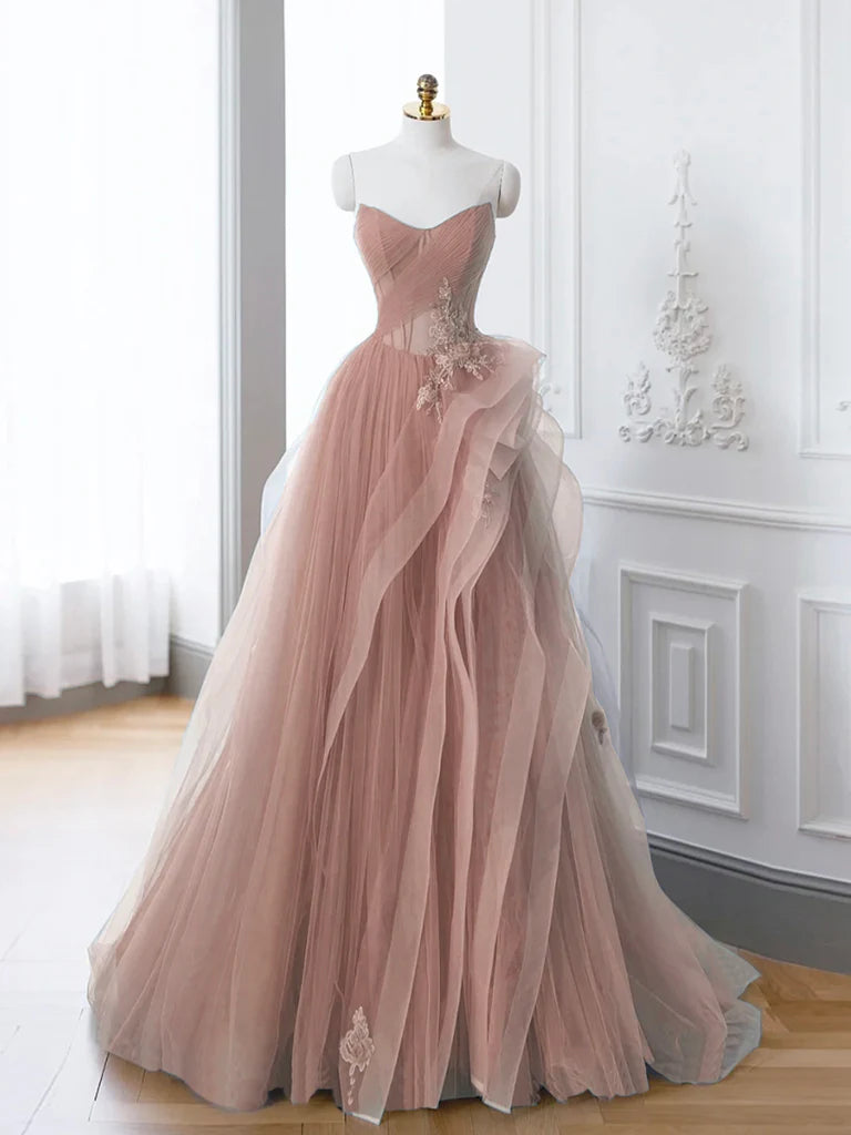 Buyishang Pink A-Line Off Shoulder Long Prom Dress Pink Lace Long Evening Dress